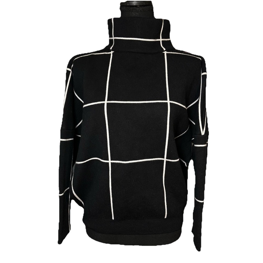 Wool Mix Grid Turtleneck Sweater Women MED/LG Chicwish Black